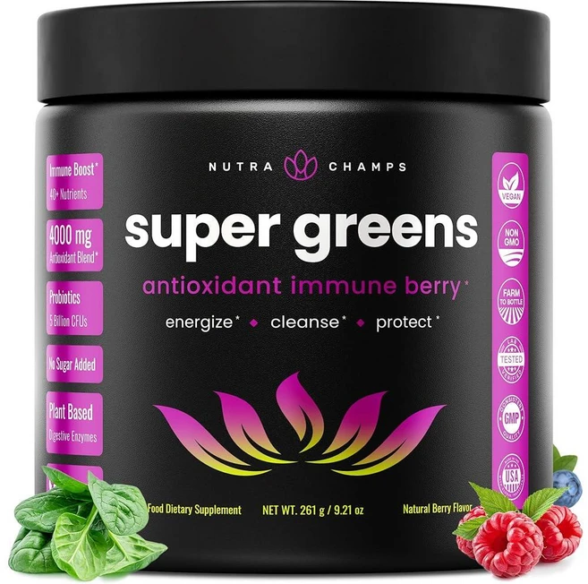 NutraChamps Super Greens 파우더 프리미엄 슈퍼푸드 | 20개 이상의 유기농 그린 채소 홀 푸드 | 밀 잔디 스피루리나 클로렐라 | 항산화제 소화 효소, 9.1 Ounce (Pack of 1), Antioxidant, 258g, 1개 - 쿠팡