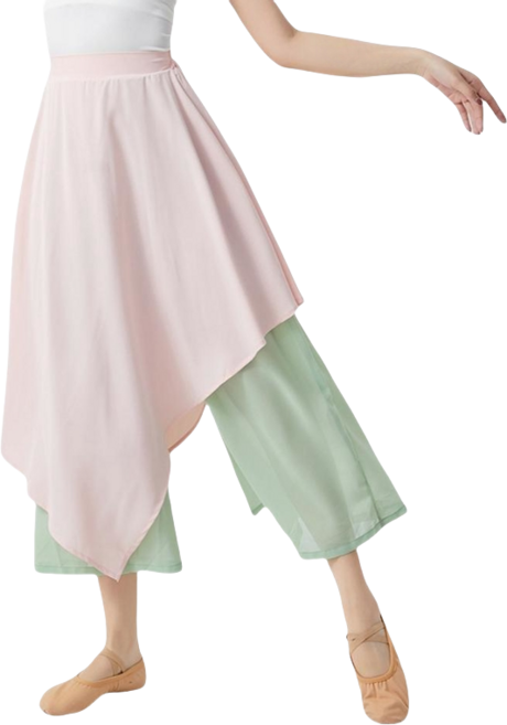 쌍천 현대무용복 한국무용 연습복 쉬폰 치마 바지 여름, 핑크 그린