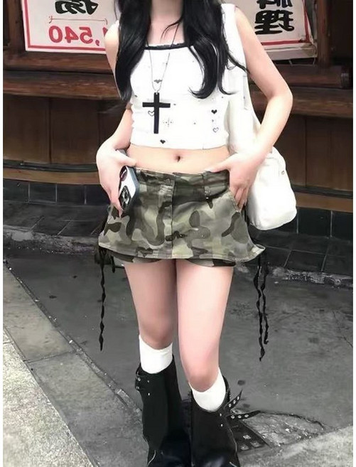 美式低腰綁帶工裝牛仔短裙女夏季新款復古高街顯瘦裙
