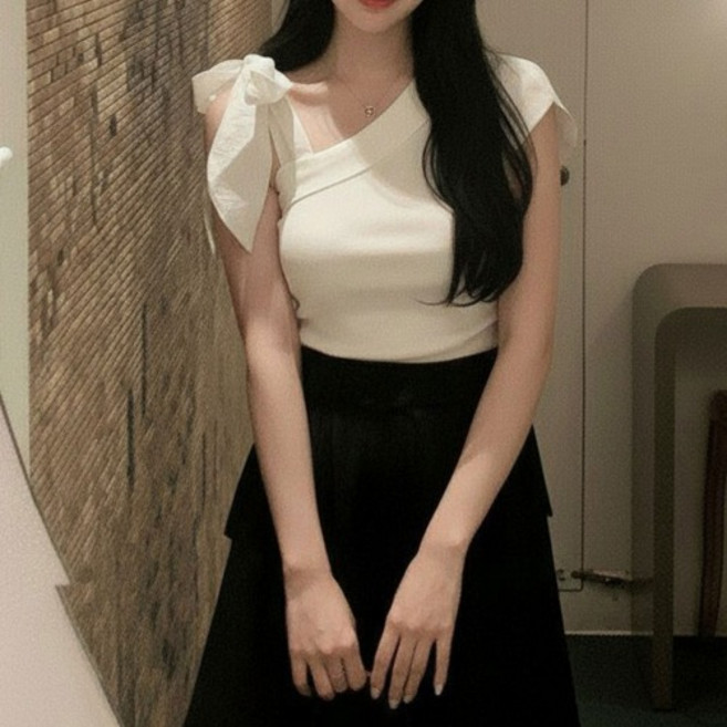 히또리 T4974 로맨틱 언발 원숄더 리본 반팔 탑