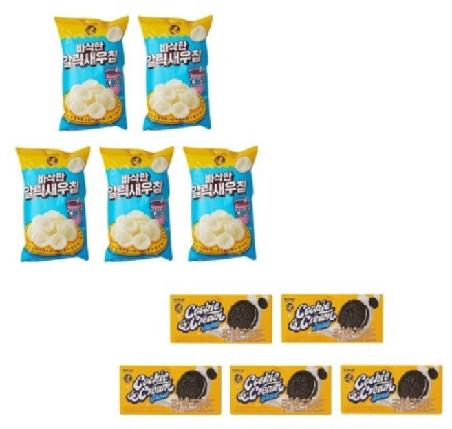 노브랜드 바삭한 갈릭새우칩 155g x5개 + 쿠키앤크림샌드 744g x5개 학교 사무실 탕비실 간식 과자 술안주