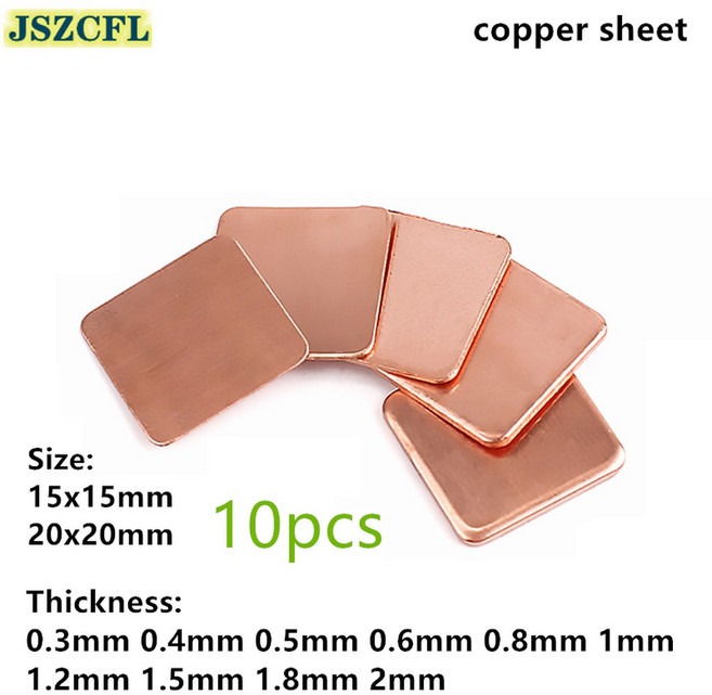 10pcs 15x15mm 20x20mm 노트북 구리 시트 플레이트 스트립 심 열 패드 방열판 시트 0.3-2mm GPU CPU VGA 칩, Quantity 10PCS