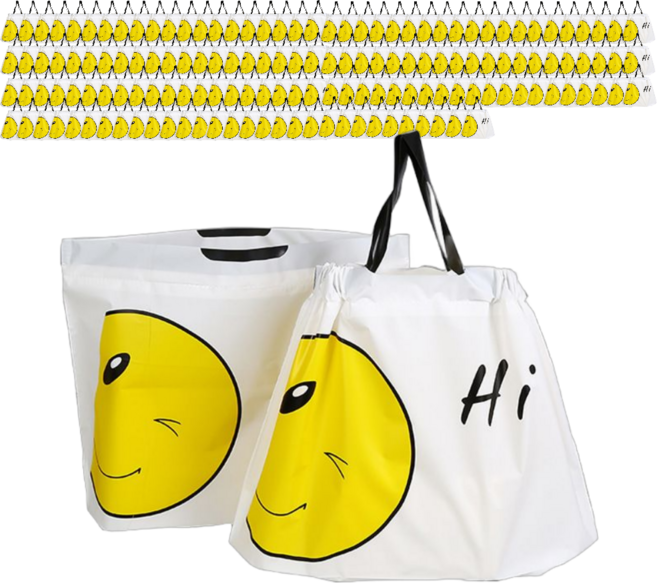 해피쇼핑 스마일 선물 포장 비닐 반투명 봉투 손잡이 쇼핑백 복주머니 간식 테이크아웃봉투, 150개