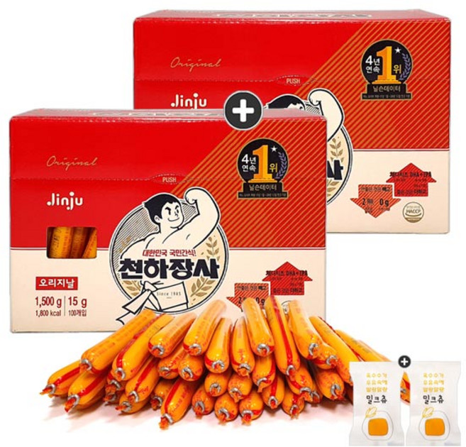 1+1 진주햄 천하장사 오리지날(1500g/약100개입) x 2통+밀크츄 2개 세트, 1.5kg