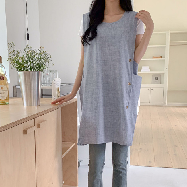 파티굿즈 구김적은 린넨 앞치마 빅사이즈 유치원 어린이집 교사, 스카이