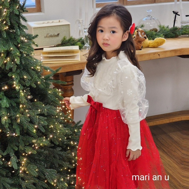 크리스마스 생일파티 샤원피스 유아 아동 아기 키즈 여아 퍼프소매 프릴 리본 샤드레스