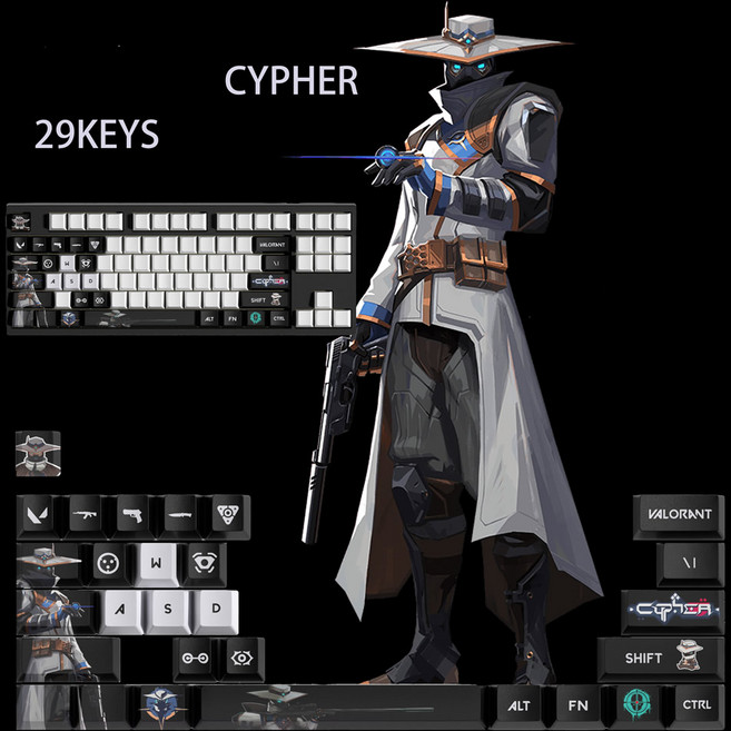 SimHm 발로란트 키캡 스킬 세트 기계식 키보드 PBT 포인트 커스텀게이밍 굿즈 valorant keycaps Esc, 29 KEYS, 사이퍼cypher
