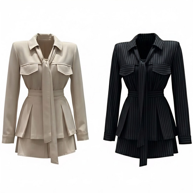 블랑쉬엘 여성 26 봄신상 국내제조 스트라이프 머플러 세트 플리츠 미니 원피스