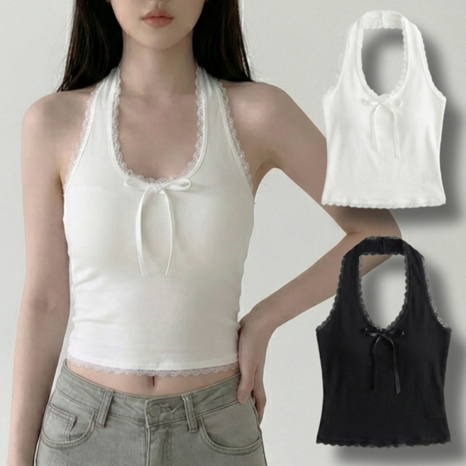 코지웨이브 여성용 리본 레이스 캡내장 홀터넥 2종세트