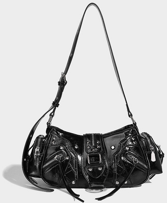 Y2K 油蠟皮 機車腋下包 時尚潮流 半月包, 黑色