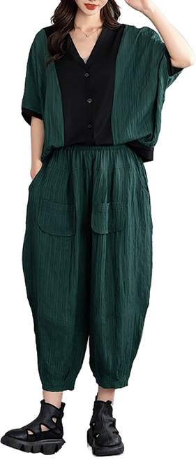 셀럽당 빅 사이즈 캐주얼 반팔 세트 여 여름 슬랙스 투피스H02178