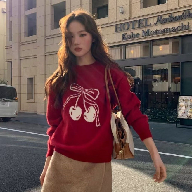 櫻桃提花蝴蝶結針織衫 秋冬新款 寬鬆圓領套頭毛衣女