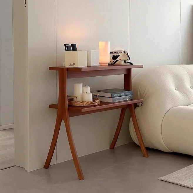 LINKHOME 높은 2단 원목 사이드테이블 슬림 협탁 거실 침대 틈새 테이블, 월넛