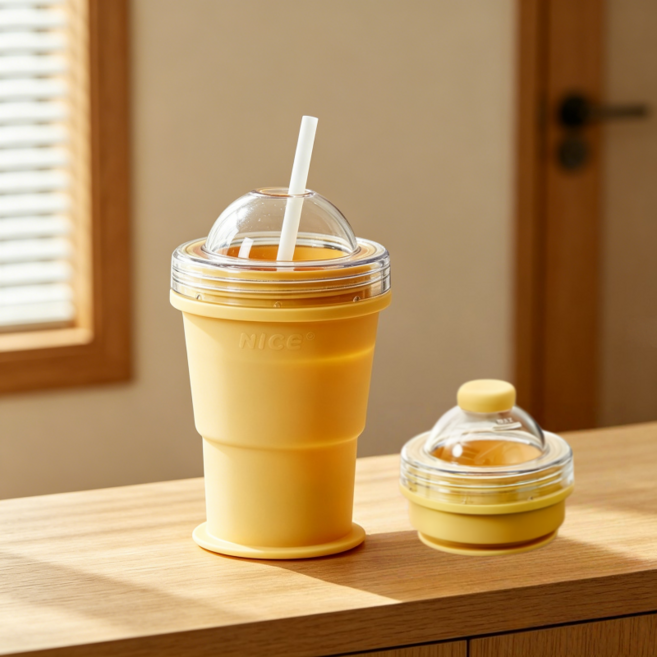 창의적인 DIY 하이볼 얼음틀 식품용 실리콘 접이식 아이스하키 컵 2in1 다용도 여름 야외 실리콘 빨대물병 325ml, 옐로우, 1개