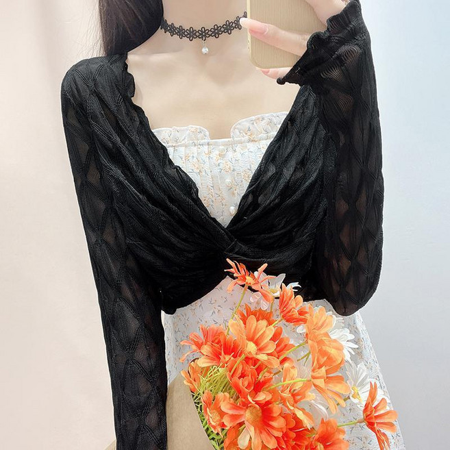 여성 시스루 레이스 볼레로 꼬임 크롭 가디건 슬림핏 여름 긴팔 비치룩 나시 커버업 여성 가디건 나시