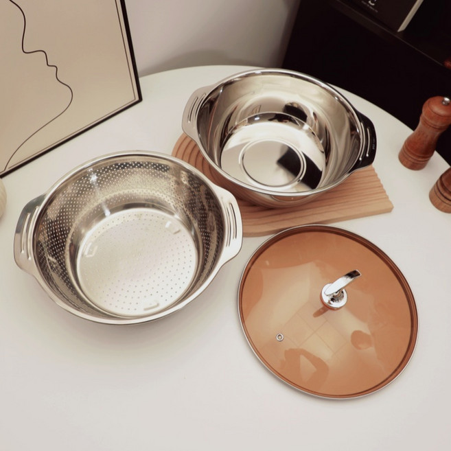 다기능 3 in 1 스텐 믹싱볼 세트 가정용 가볍다 뚜껑이 있다 인덕션 샤브샤브냄비, 1세트, 믹싱볼 + 채반 + 뚜껑