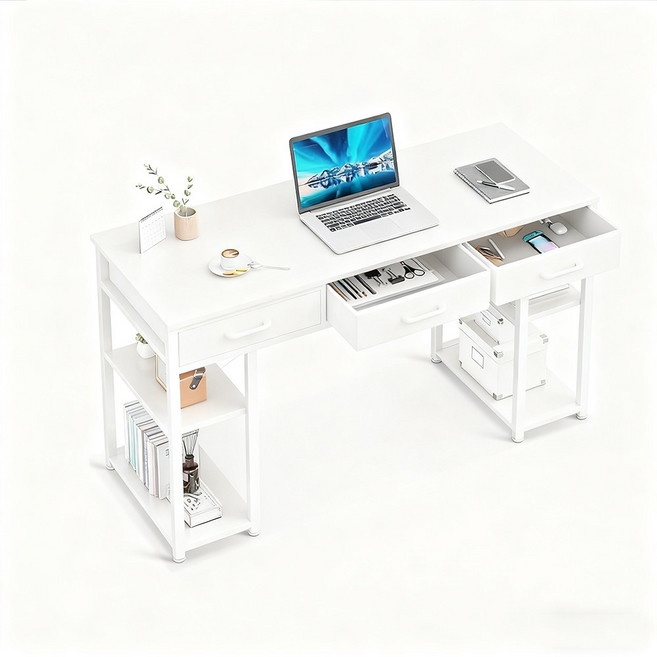 簡約風多功能書桌，附抽屜與收納架，學生辦公桌首選, 白色
