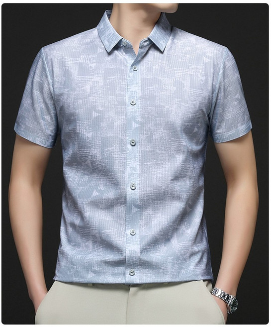 2026夏季新款印花男士短袖薄款翻領時尚日常休閒舒適中年襯衫男