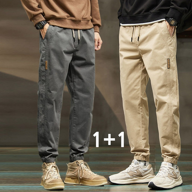 BIKASU 1+1 남성 사계절 빅사이즈 밴딩 카고바지 통기성 데일리 조거팬츠