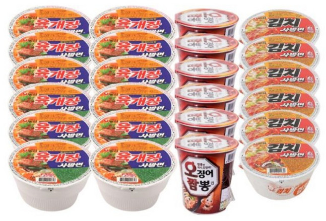 농심 육개장 사발면 12입+김치사발면 6입+오징어짬뽕컵 6입, 24개