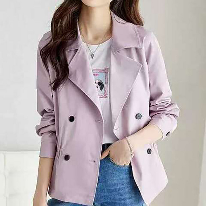 AOKADA 봄 여성 카라넥 단추 장식 트린치 코트 숏코트