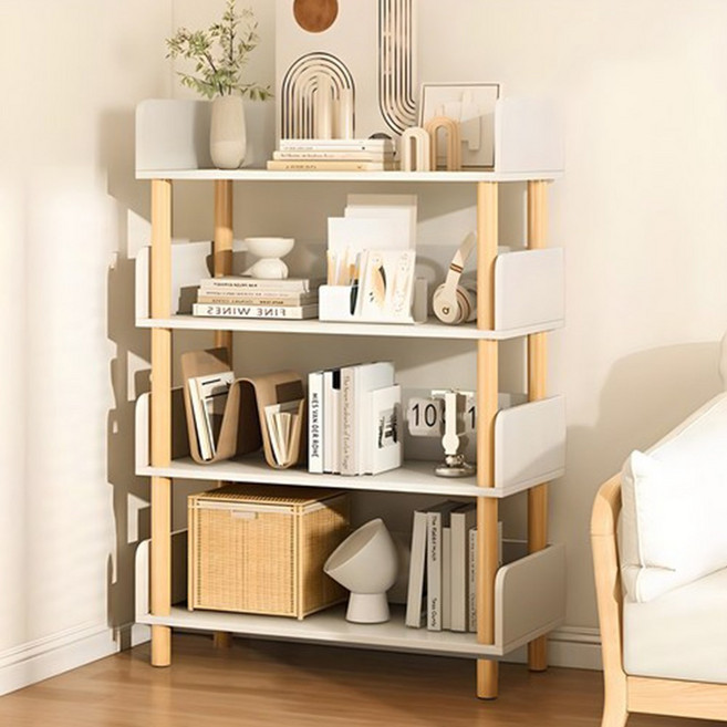 VIIWII 書架 木質展示架, 原木+白色, 4層