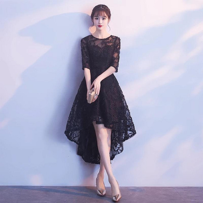 晚禮服女夏 新娘敬酒服結婚伴娘連衣裙, 黑色中袖,XXL