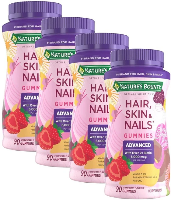 네이처스 바운티 헤어스킨네일 구미 어드밴스드 비오틴 6000mcg 딸기맛 Nature's Bounty Hair Skin Nails Advanced Gummies, 90정, 4개 - 쿠팡
