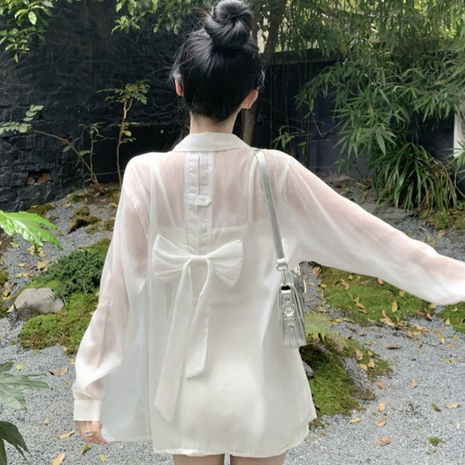 夏季 法式溫柔風 后背蝴蝶結設計 防曬襯衫 女裝