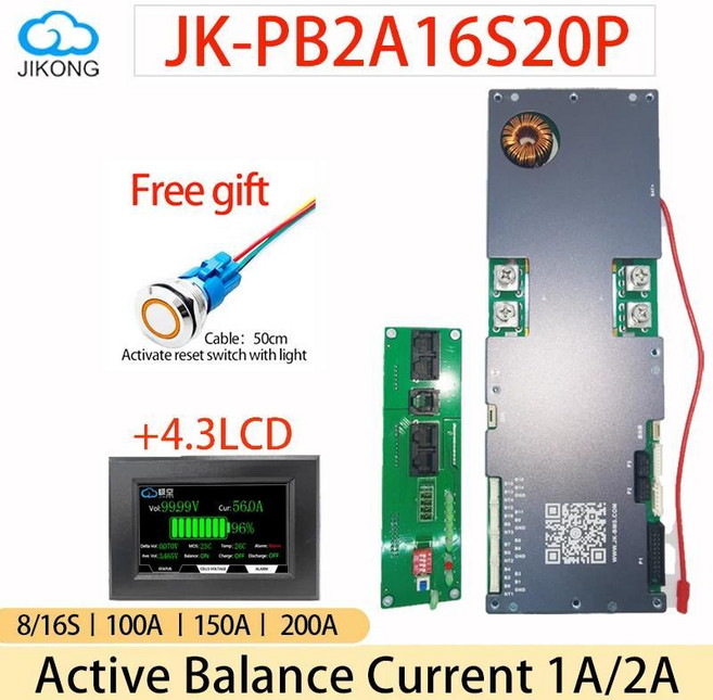 JK 인버터 BMS 밸런스 16S 9S 11S 150A 8S 14S 100A 스마트 13S 2A LIFEPO4 10S 액티브 15S 200A 이온 1A 12S 에너지, JK PB2A16S20P 4.3LCD, 1개