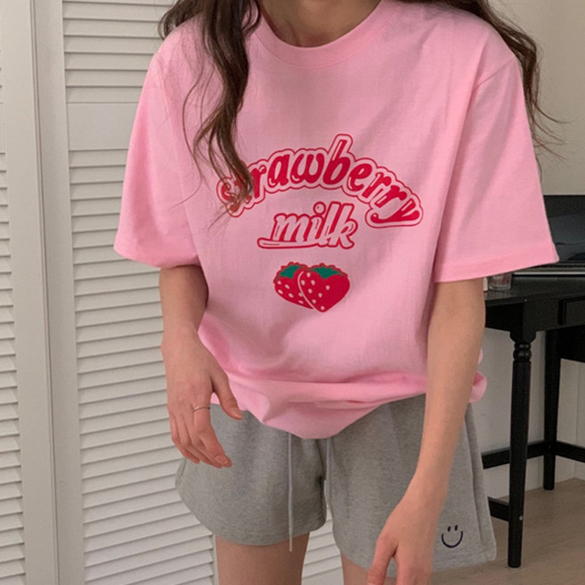 마이쏭 여성 빅사이즈 루즈핏 딸기프린팅반팔티