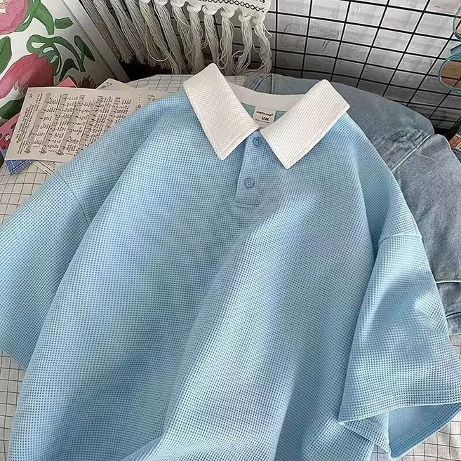 POLO領男【M-5XL】學院風華夫格五分袖上衣 韓版日系情侶POLO衫