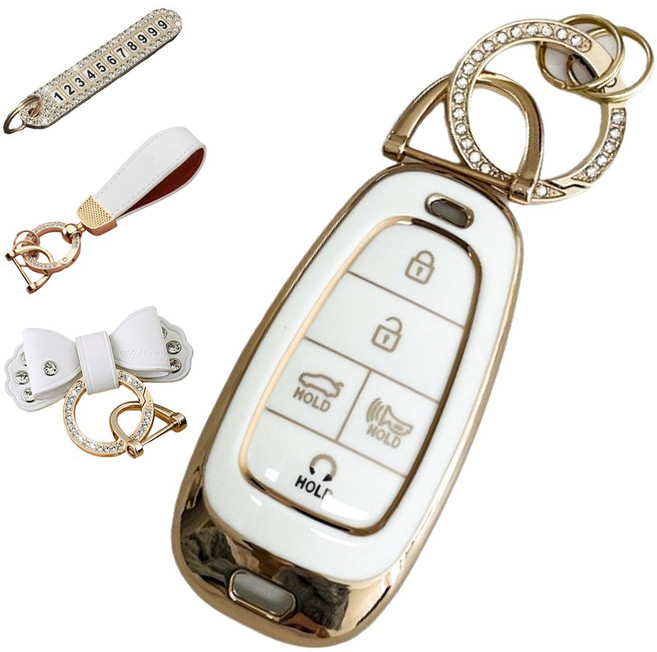 루루형제 현대 호환 자동차 프리미엄 TPU 키 케이스+번호키링+가죽스트랩+가죽리본, 크림화이트, AH-06