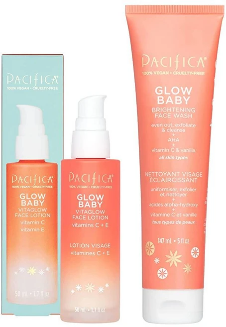 Pacifica Beauty Glow Baby VitaGlow 페이스 로션 및 브라이트닝 페이스 워시 세트 스킨케어 비타민 C 및 E AHA 각질 제거제 클렌저 보습, Pacifica Beauty Glow Baby Vita, 1개, 370g - 쿠팡