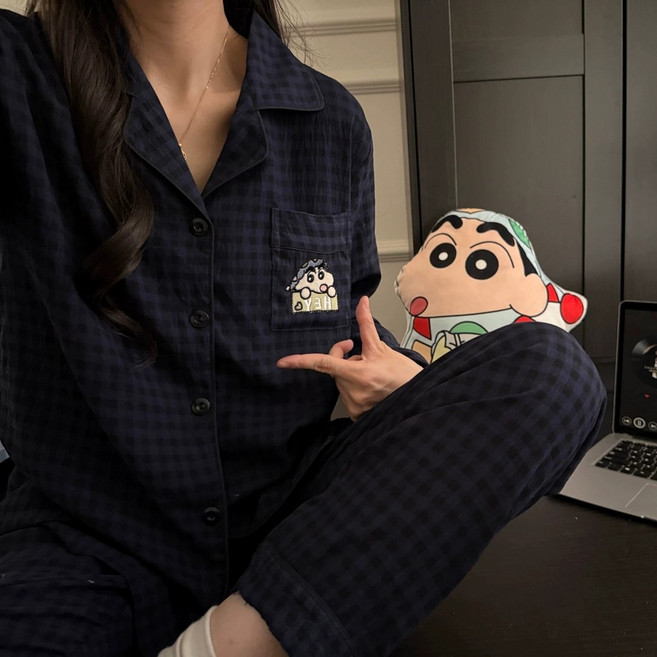 睡衣套裝 甜美卡通刺繡翻領開衫家居服