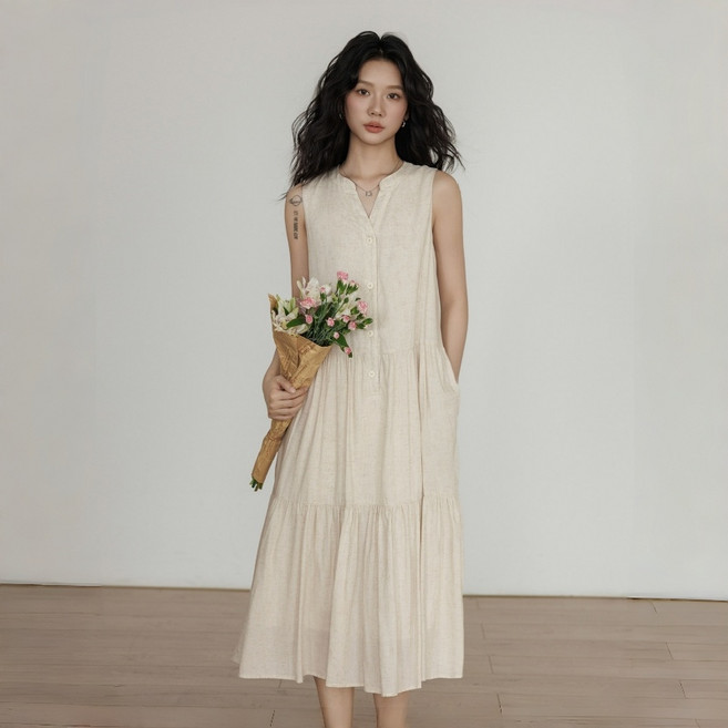 ZAJA 여성 민소매 원피스 루즈핏 브이넥 린넨 롱원피스 데일리룩
