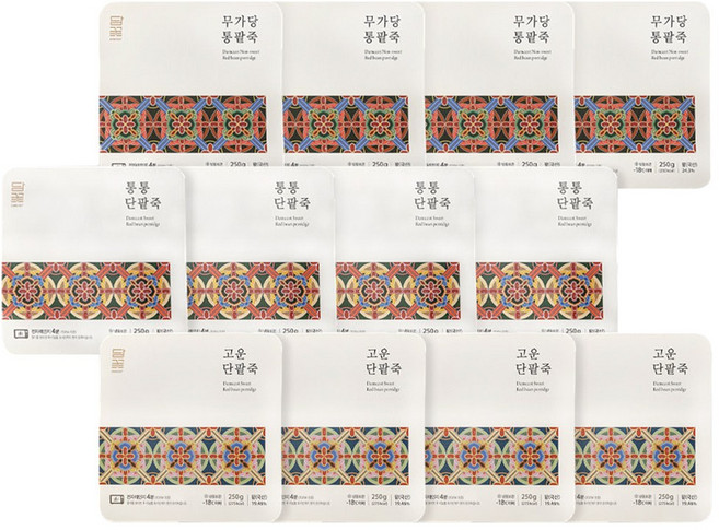 [서울3대팥죽맛집] 팥죽 선물세트 담꽃2호 국산 팥 무가당 통팥죽 단팥죽 (택1), 팥죽 12개입세트(고운4+무가당4+통통4), 1개, 3kg