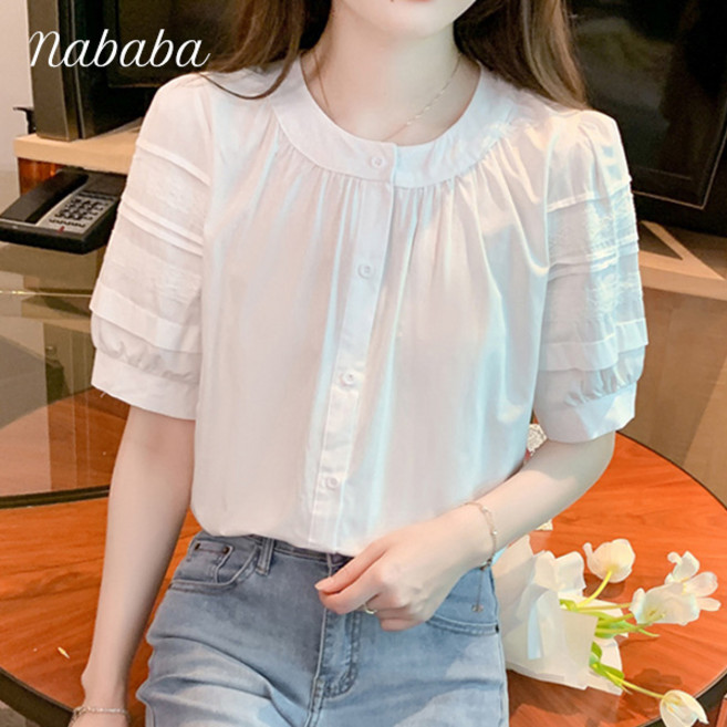 나바바 NB2582 여성 로맨틱 퍼프소매 버튼 반팔 블라우스