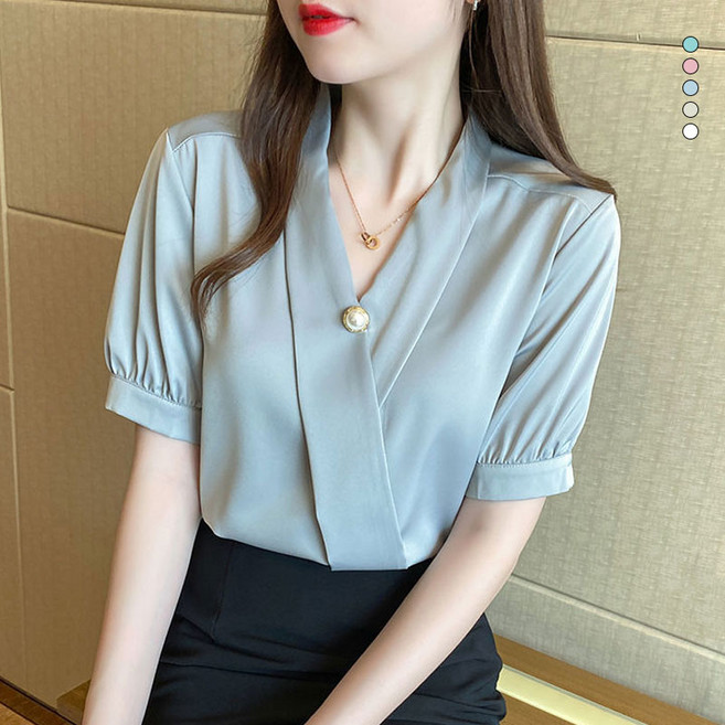 DarjinQD 여름 여성 예쁜 쉬폰 블라우스 여성반팔티 트랜드 추천 여성블라우스 브이넥 반팔 티셔츠 BH670