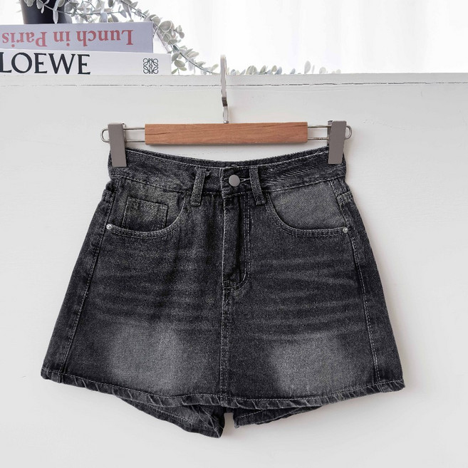 A字牛仔褲裙 顯瘦刷色水洗開釦 百褶短褲 高腰韓系褲裙