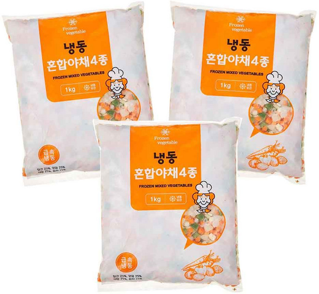 [냉동야채믹스3개]볶음밥 샐러드용 야채혼합9종 야채혼합4종 야채혼합2종, 3개, 1kg 혼합야채4종