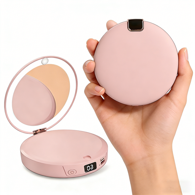 Surkat 미니 3in1 휴대용 여행용 C타입 충전식 거울 보조배터리 손난로, PINK, 5000mAh+손거울