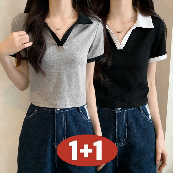 여성용 여름 [1+1] 특가상품 날씬해 보이는 베이직 데일리 편한 브이넥 박스티 반팔 티셔츠