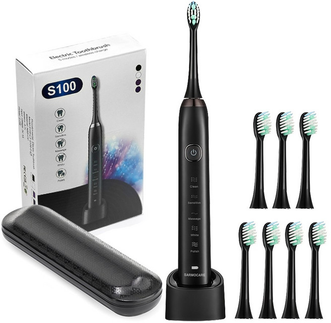 8개 교체 헤드가 있는 전동 칫솔 스마트 소닉 초음파 미백 치아 무선 IPX7, 02 Black, 1개