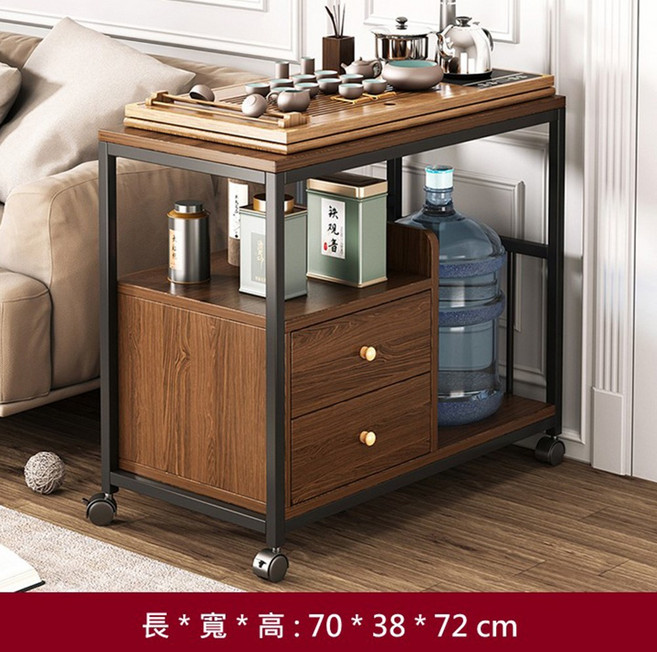 可移動滾輪茶几 桌邊櫃 檀木色 70x38x72公分 附抽屜收納 圓潤邊角, 桌邊櫃-檀木 70*38*72