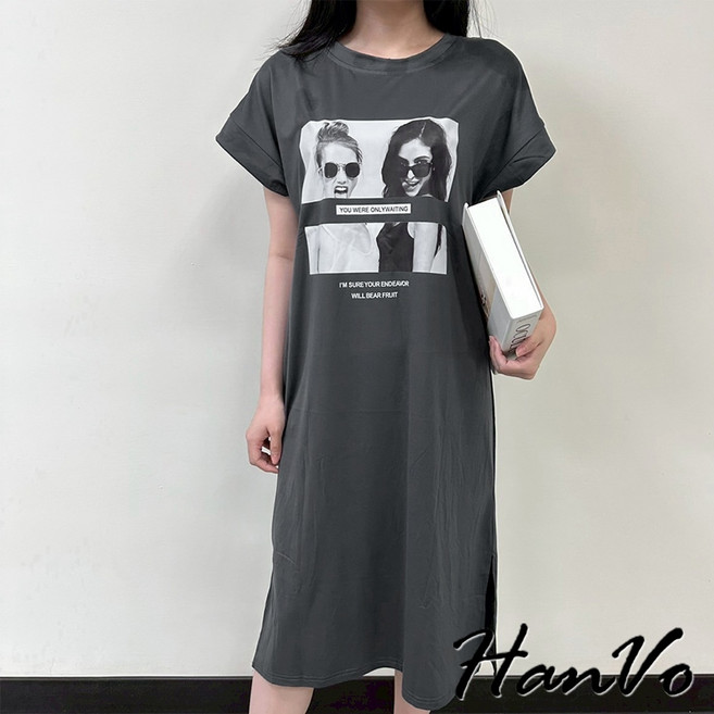 HanVo 飛鼠袖寬鬆顯瘦長裙 質感設計側開岔休閒連衣裙 韓系女裝