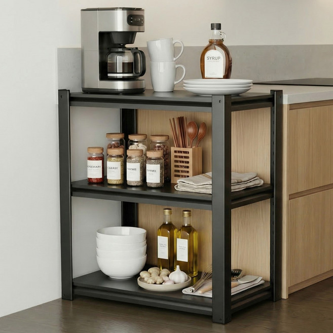 Polyidea 튼튼한 무볼트 간편조립 철제 선반 주방 창고 실외 베란다 펜트리 선반장 다용도 선반 랙, 3단, 블랙