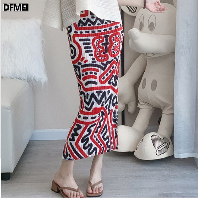 DFMEI 開叉褶皺半身裙夏季高腰顯瘦小個子中長裙氣質百搭直筒包臀百褶裙