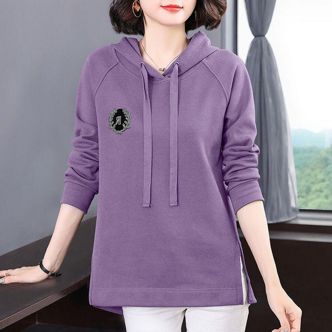 중년여성 가을 후드티 엄마 맨투맨 니트 반팔 티 루즈핏 솔리드 긴팔 캐주얼 스타일 풀오버 상의 3컬러