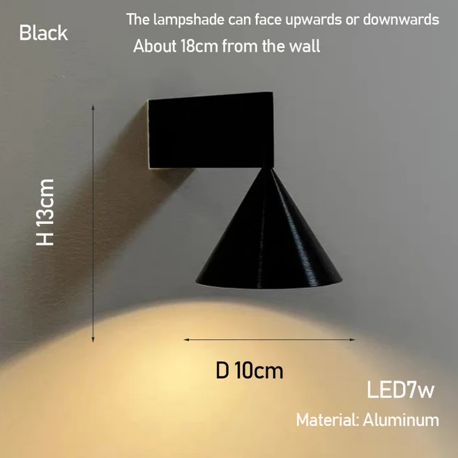 이탈리아 디자이너의 미니멀리스트 알루미늄 침대 옆 벽 램프 복도 계단 배경 원추형 기하학적 따뜻한, 01 Black, 02 따뜻한 흰색(2700-3500K), 01 4-7W